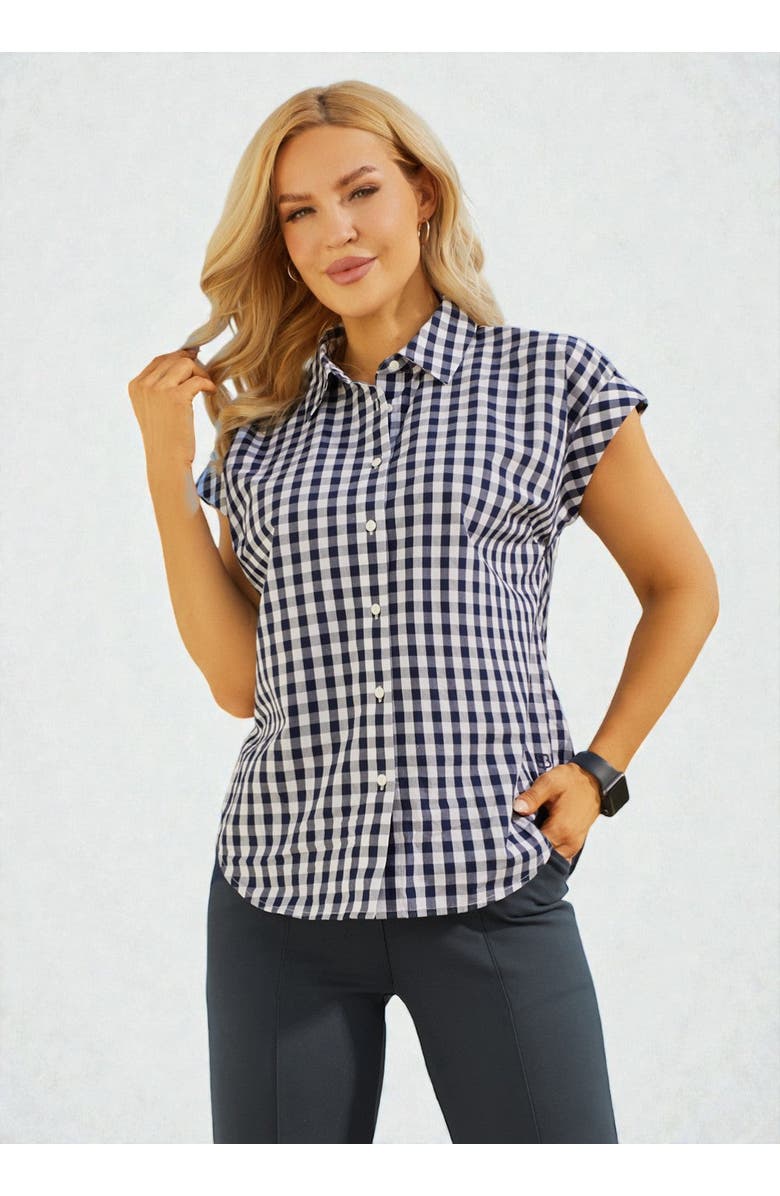 Betabrand Cap Sleeve Gingham Shirt, Main, color, Navy