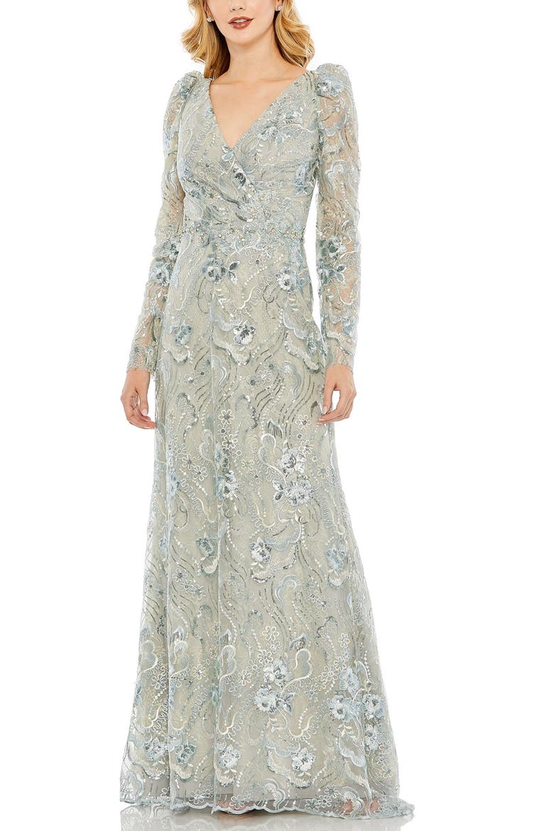 Embroidered Wrap Over Puff Sleeves Trumpet Gown, Main, color, Seafoam