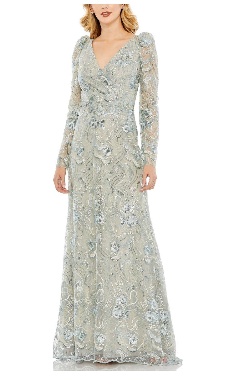 Mac Duggal Embroidered Wrap Over Puff Sleeves Trumpet Gown, Main, color, Seafoam