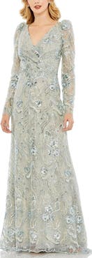 Mac Duggal Embroidered Wrap Over Puff Sleeves Trumpet Gown