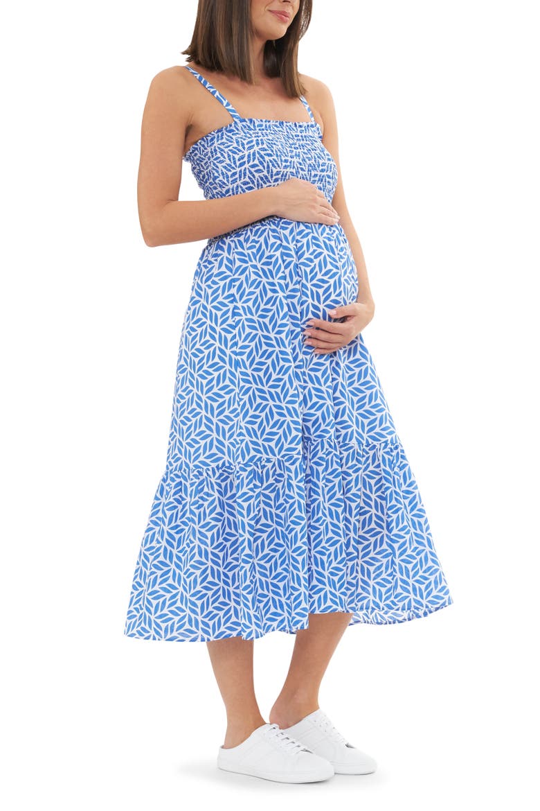 Capri Shirred Dress, Alternate, color, WHITE / LAPIS