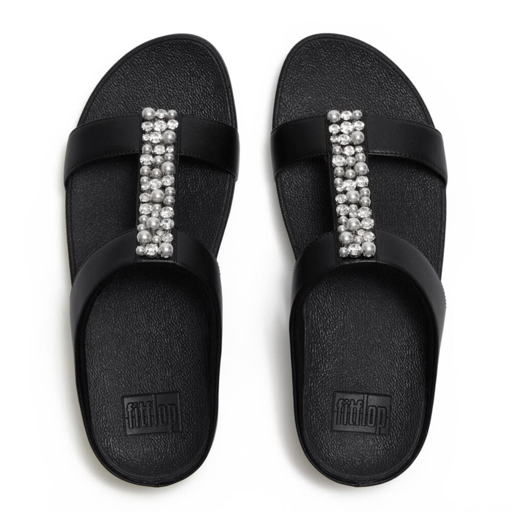 FitFlop Fino Pearls and Crystal H Bar Slides, Alternate, color, Black