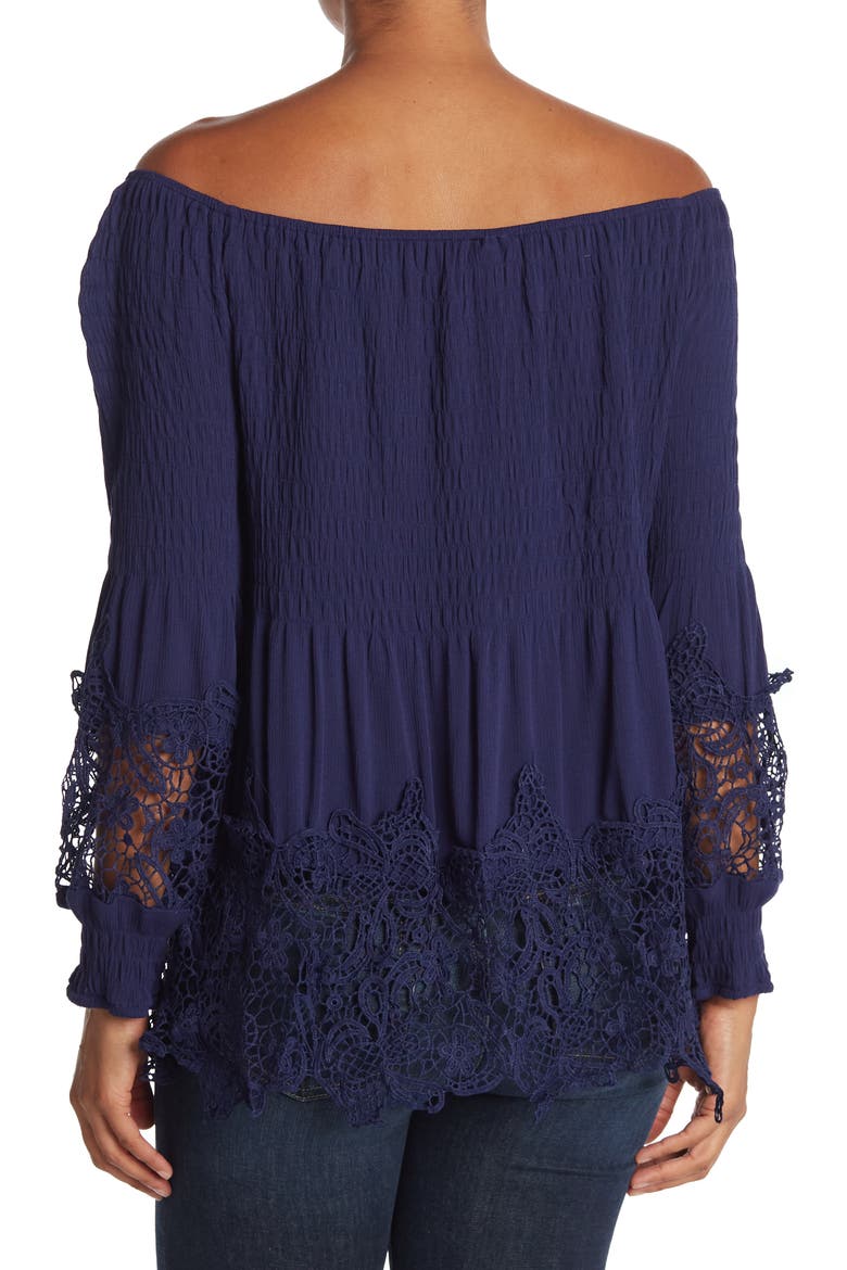 Crochet Trim Smocked Off-The-Shoulder Top, Alternate, color, NAVY