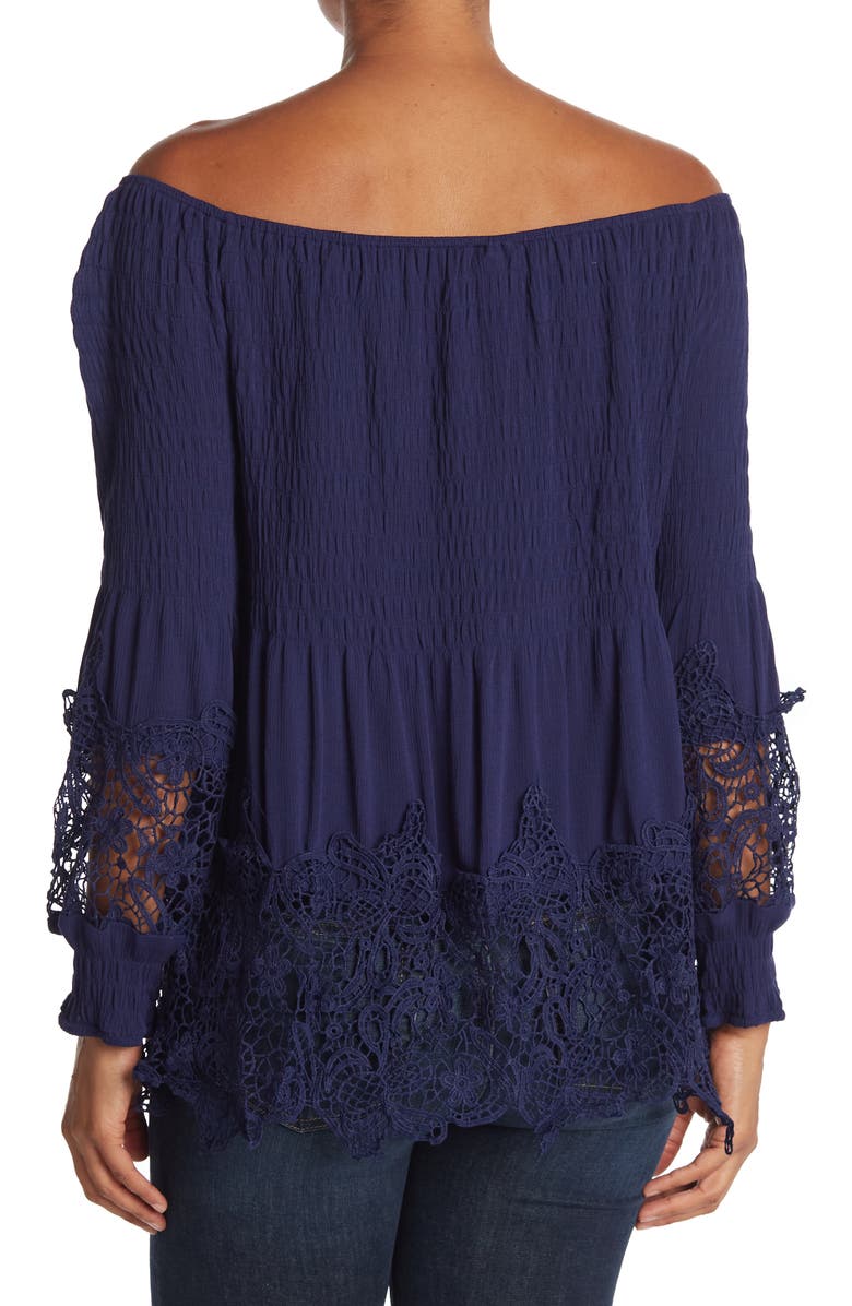 Forgotten Grace Crochet Trim Smocked Off-The-Shoulder Top, Alternate, color, Navy