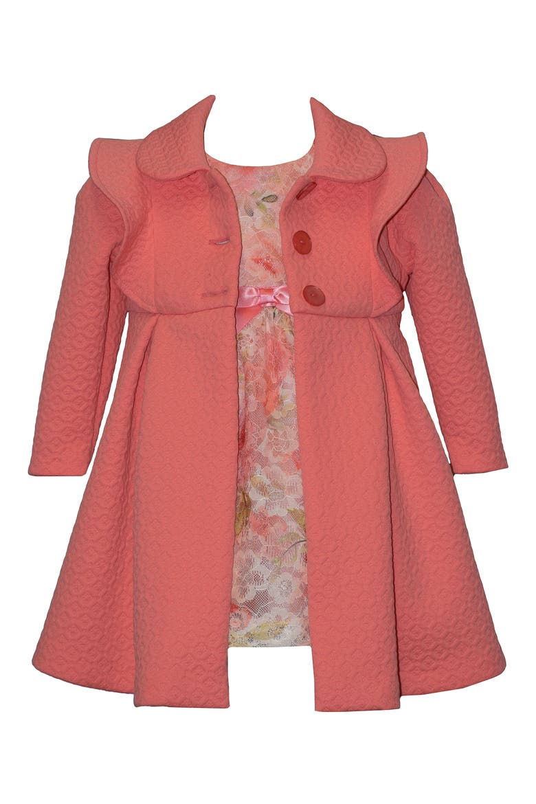 Kids' Floral Lace Party Dress & Knit Coat Set, Main, color, CORAL