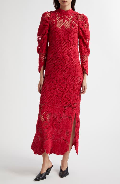 Farm Rio Long Sleeve Lace Knit Midi Dress In Red