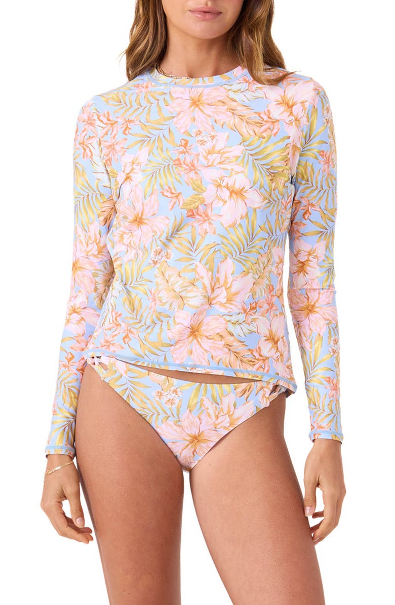 Roxy Tropical Sea Skippin Long Sleeve Rashguard, Main, color, Blue Multi