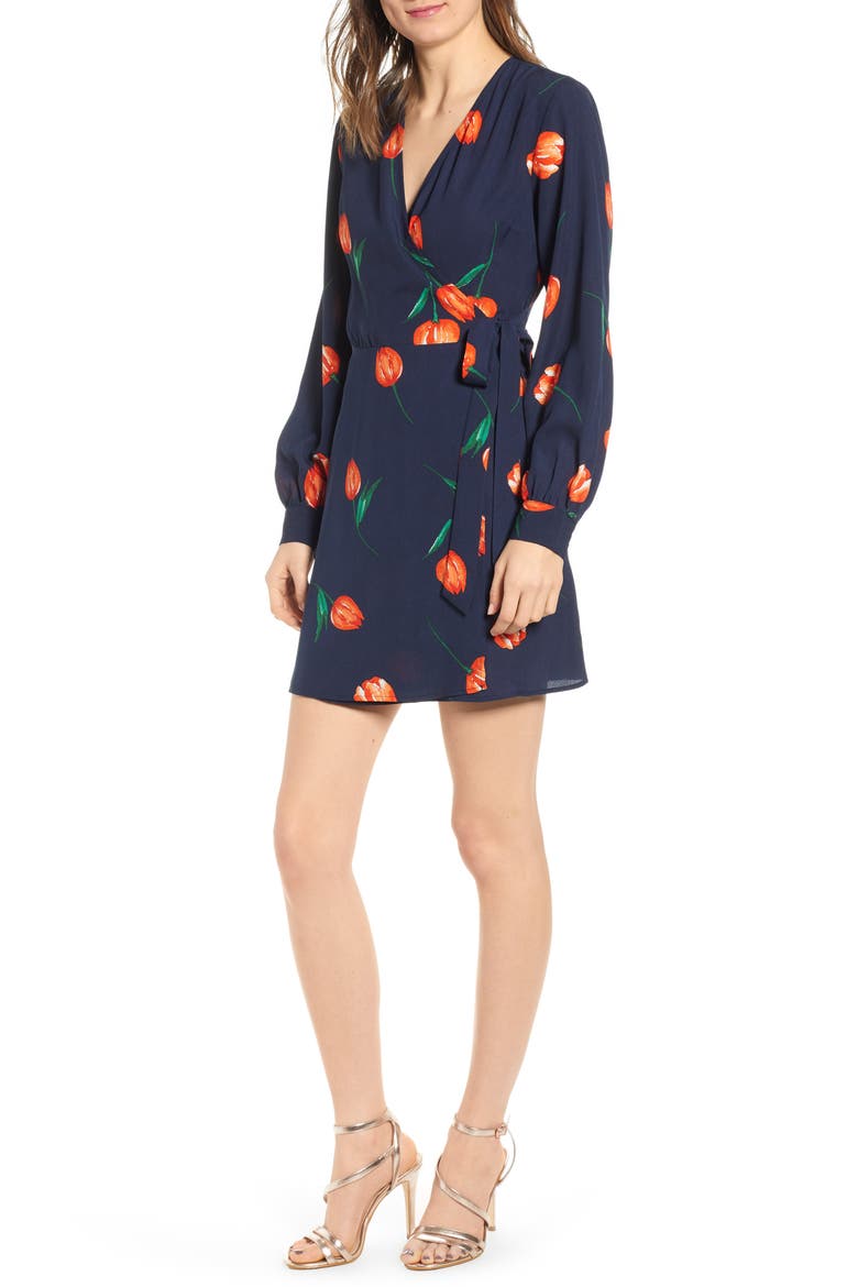 Floral Wrap Mini Dress, Main, color, NAVY TULIP