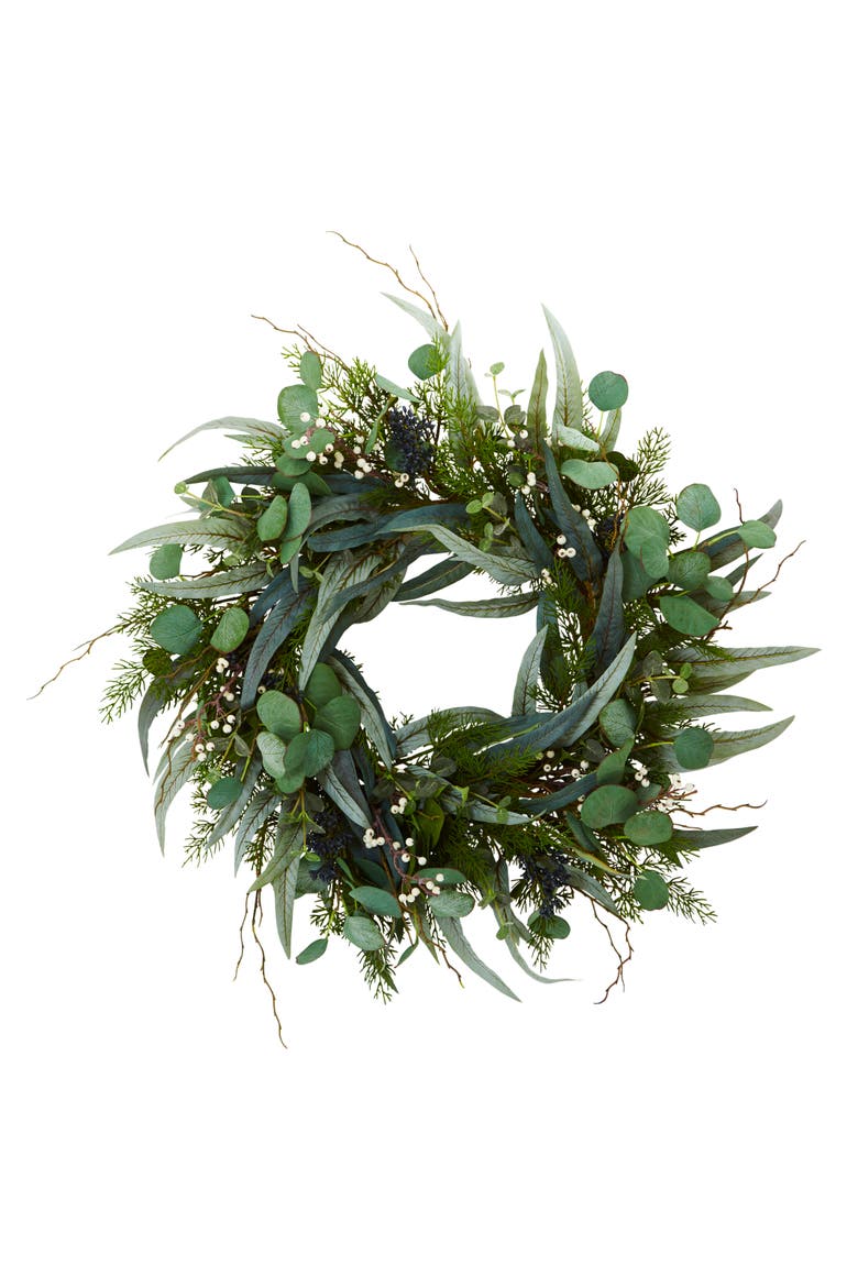 24-in Eucalyptus and Mixed Greens Artificial Wreath, Main, color, Green