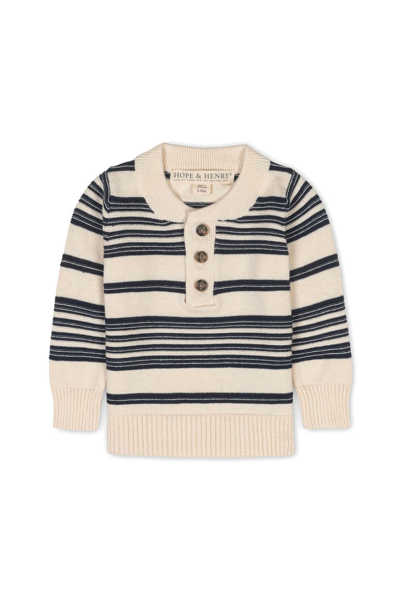 Kids' Organic Long Sleeve Henley Pullover Sweater with Elbow Patches, Alternate, color, Ivory Purl Stripe