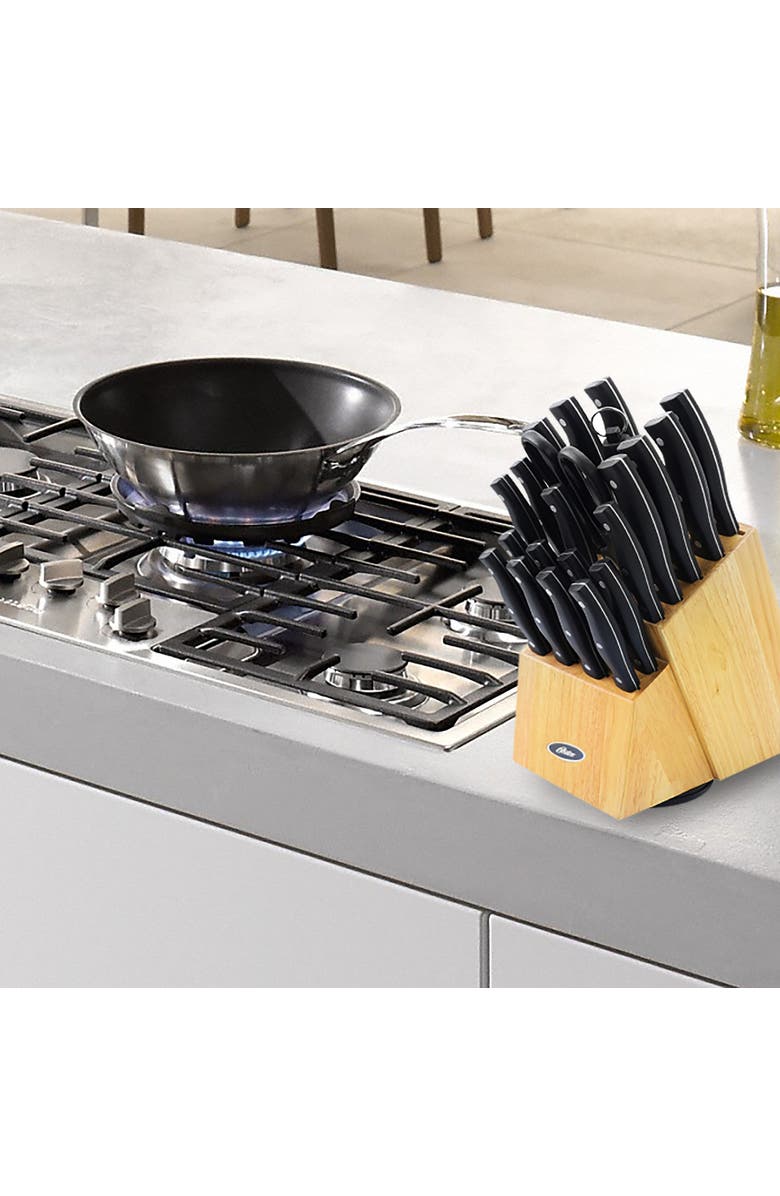 OSTER Winstead 22 Piece Stainless Steel Cutlery Set with Black Handles and Wooden Block, Alternate, color, Black