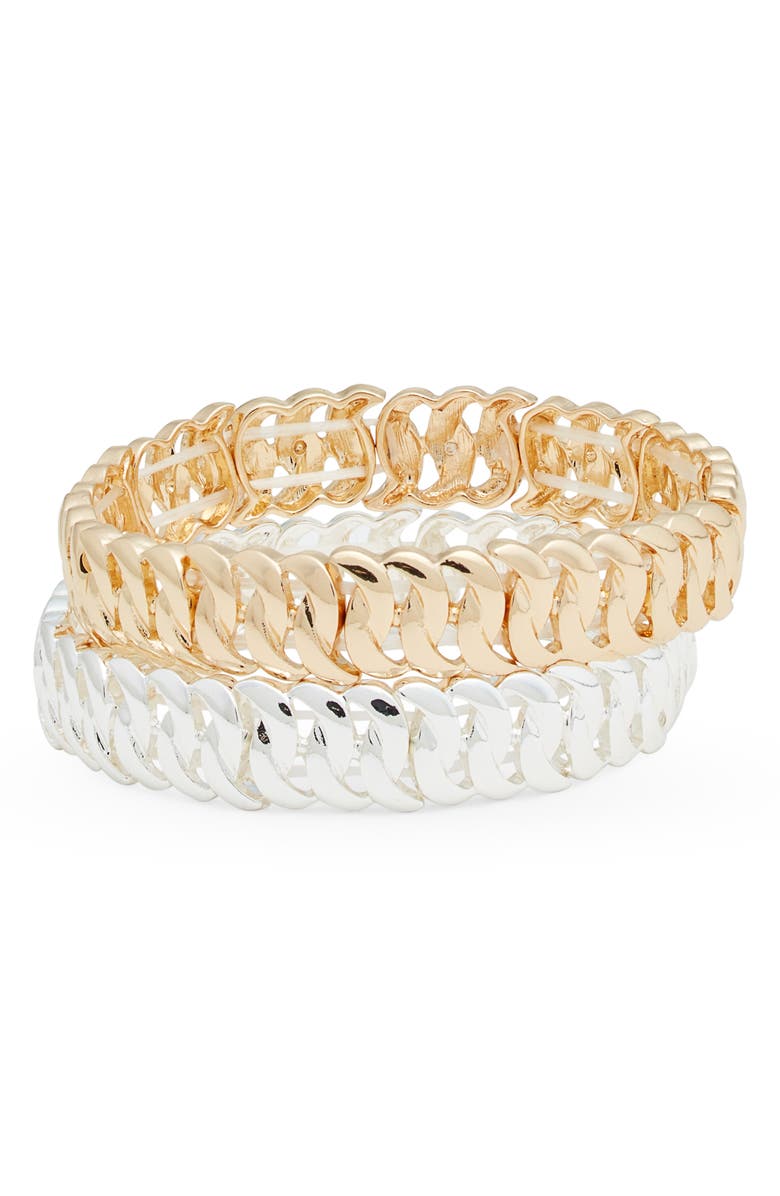 Open Edit Set of 2 Cuban Link Stretch Bracelets, Main, color, Gold- Silver