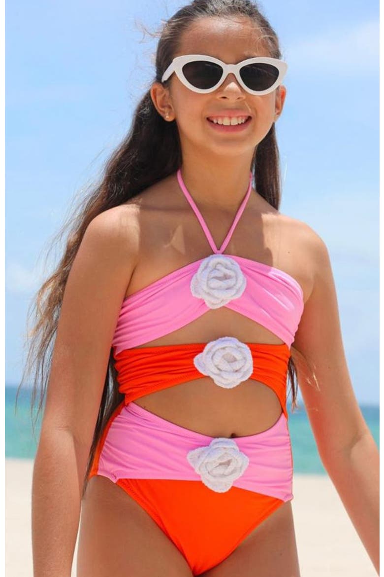 Kids' Pink-Orange Cut-Out Big Flower Detail One-Piece Swimsuit, Alternate, color, pink-orange