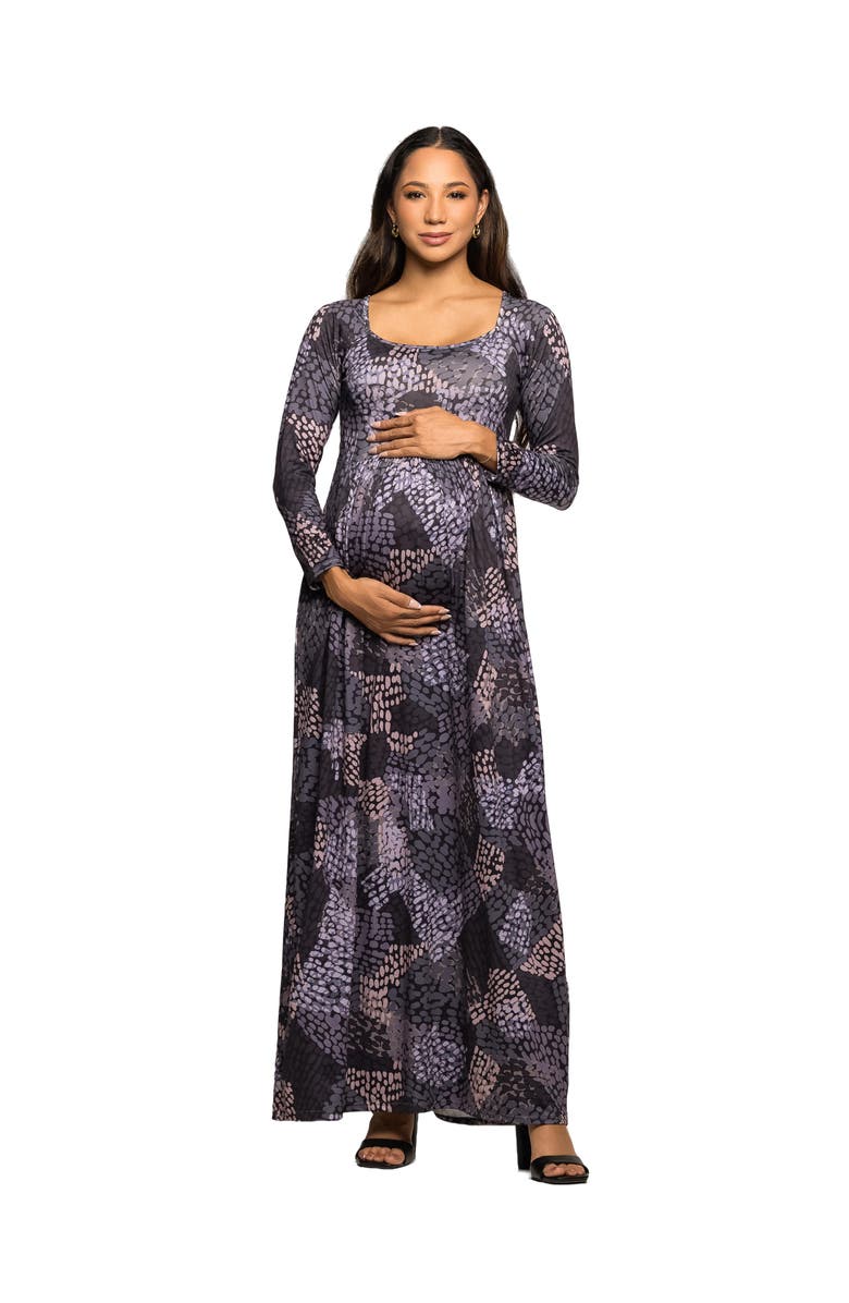 24seven Comfort Apparel Long Sleeve Empire Waist Maxi Dress in Print, Main, color, Gray Multi