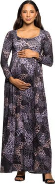 24seven Comfort Apparel Long Sleeve Empire Waist Maxi Dress in Print