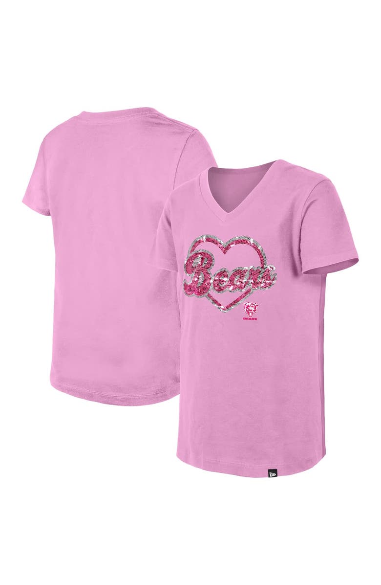 New Era Girls Youth New Era Pink Chicago Bears Flip Sequins V-Neck T-Shirt, Main, color, 