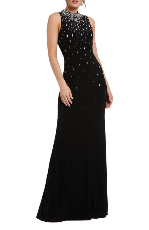 Mac Duggal High Neck Sleeveless Beaded Jersey Fitted Gown in Black 