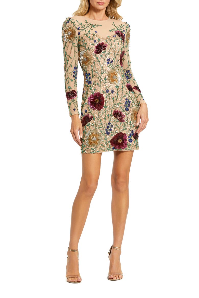 Long Sleeve Sheer Bustier Floral Embroidered Dress, Alternate, color, Nude Multi