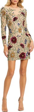 Mac Duggal Long Sleeve Sheer Bustier Floral Embroidered Dress