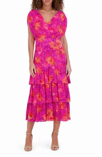 Kensie Floral Cap Sleeve Burnout Chiffon Tiered Maxi Dress