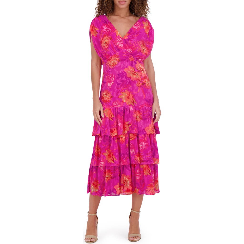 Kensie Floral Cap Sleeve Burnout Chiffon Tiered Maxi Dress In Fuschia Mu