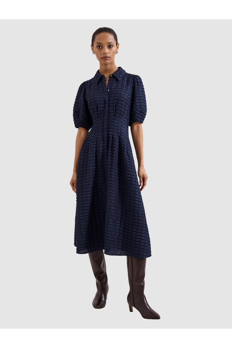 Yasmine Textured Puff Sleeve Midi Dress, Main, color, Navy