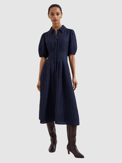 Yasmine Textured Puff Sleeve Midi Dress