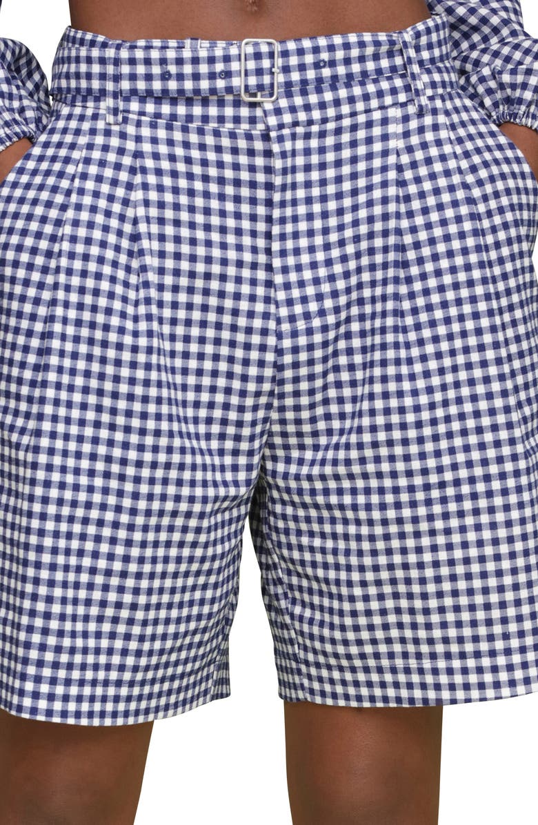 Avec Les Filles Gingham Belted Linen Blend Bermuda Shorts, Alternate, color, Navy-White Gingham