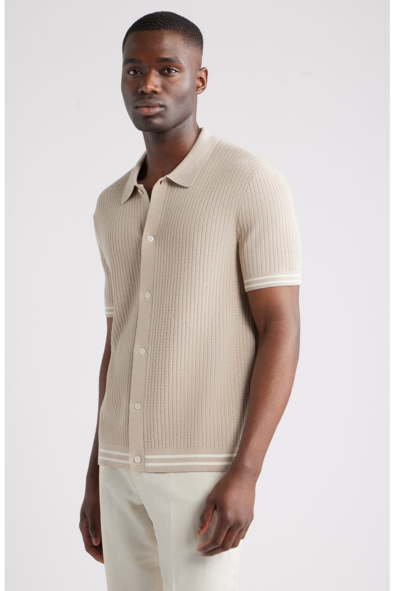 Short Sleeve Ribbed Cotton & Silk Cardigan, Alternate, color, BEIGE OAK HEATHER