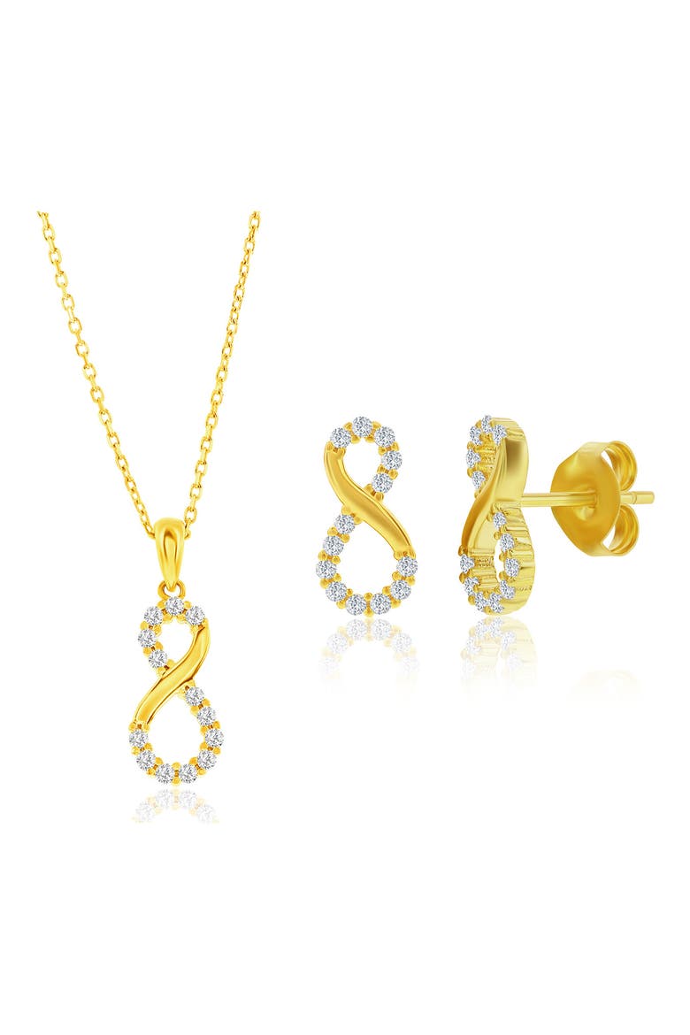 Cubic Zirconia Infinity Stud Earrings & Pendant Necklace Set, Main, color, GOLD