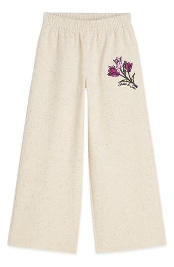 Scotch & Soda Kids' Embroidered Fleece Wide Leg Pants In Neutral