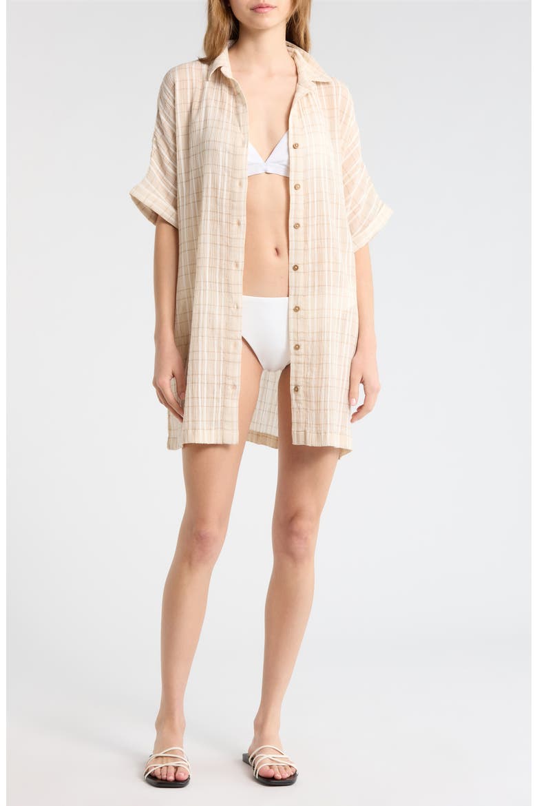 Paradise Check Cover-Up Shirtdress, Main, color, OFF WHITE