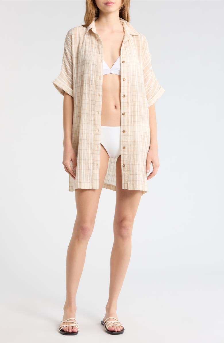 Rip Curl Paradise Check Cover-Up Shirtdress, Main, color, Off White