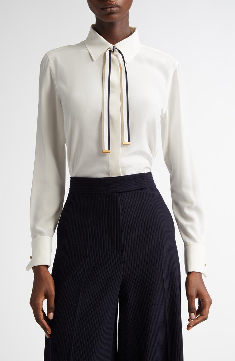 Max Mara Apollo Silk Crêpe de Chine Button-Up Shirt with Neck Ties, Main, color, Silk