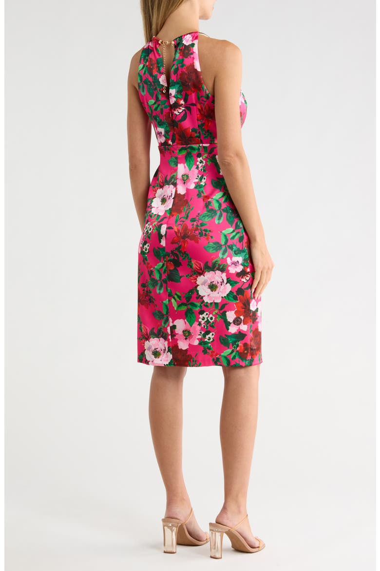 Floral Halter Neck Pleated Satin Sheath Dress, Alternate, color, FUCHSIA