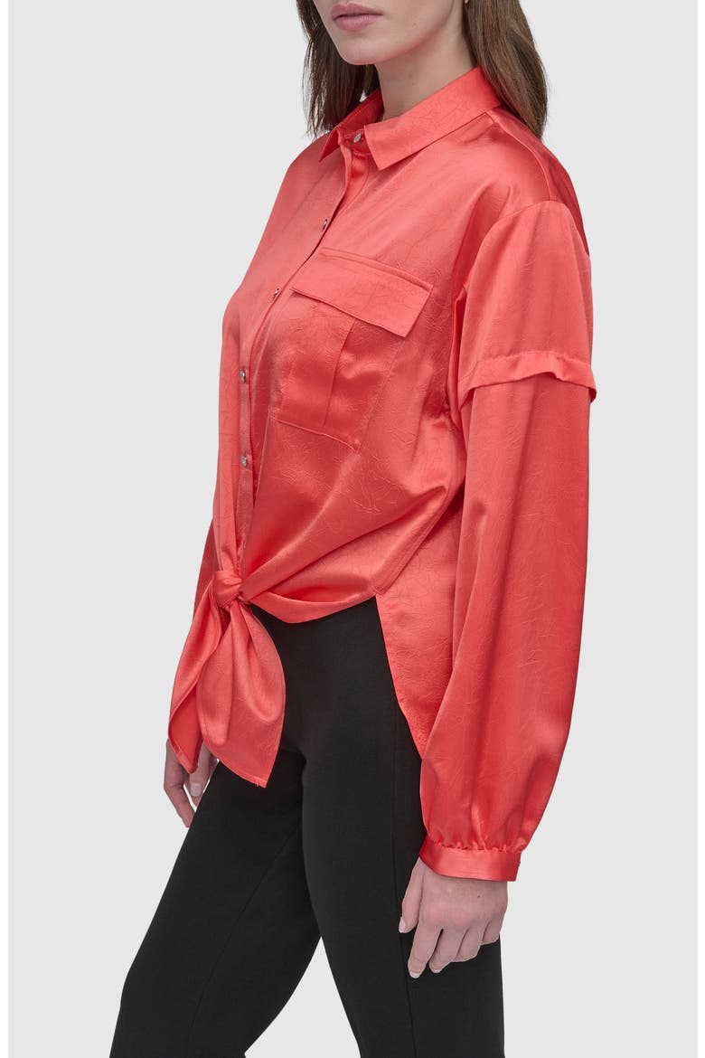 Tie Front Satin Shirt, Alternate, color, CORAL CRUS