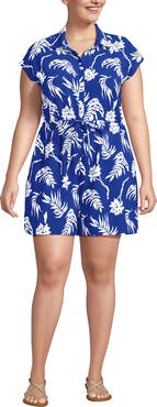 Lands' End Plus Size Cap Sleeve Creaseless Button-Down Romper