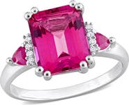 DELMAR Sterling Silver Pink Topaz & Diamond Emerald Cut Ring