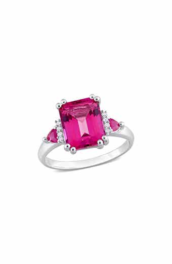 Sterling Silver Pink Topaz & Diamond Emerald Cut Ring