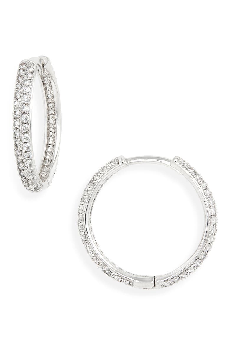 Thin Pavé Hoop Earrings, Main, color, CLEAR- SILVER
