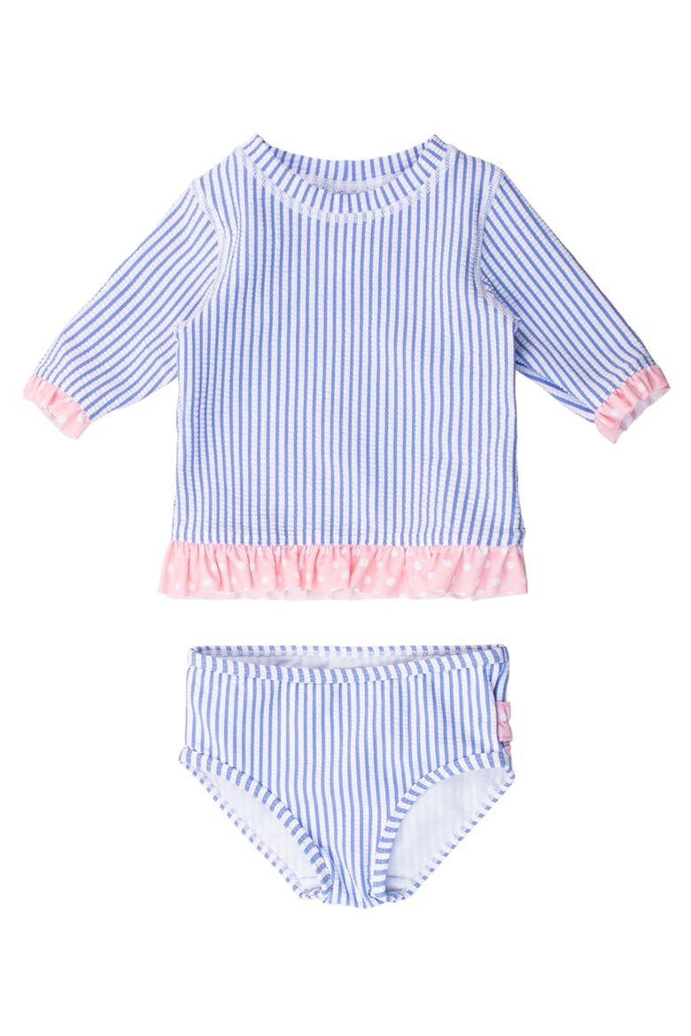 Baby/Toddler Girls UPF50+ Seersucker Short Sleeve Ruffle Rash Guard Bikini, Main, color, Periwinkle Blue Seersucker