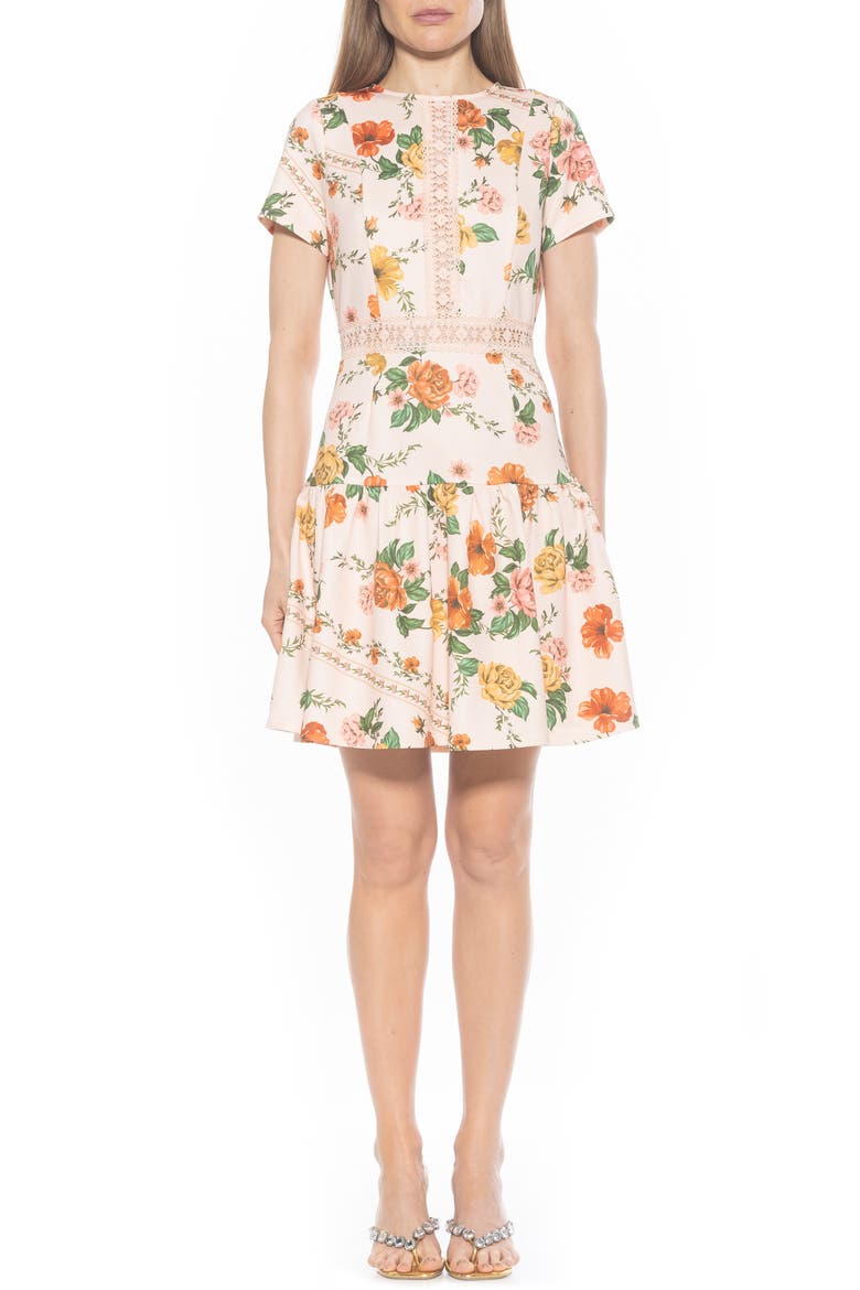 Alexa Lace Trim Fit & Flare Dress, Main, color, BEIGE FLORAL
