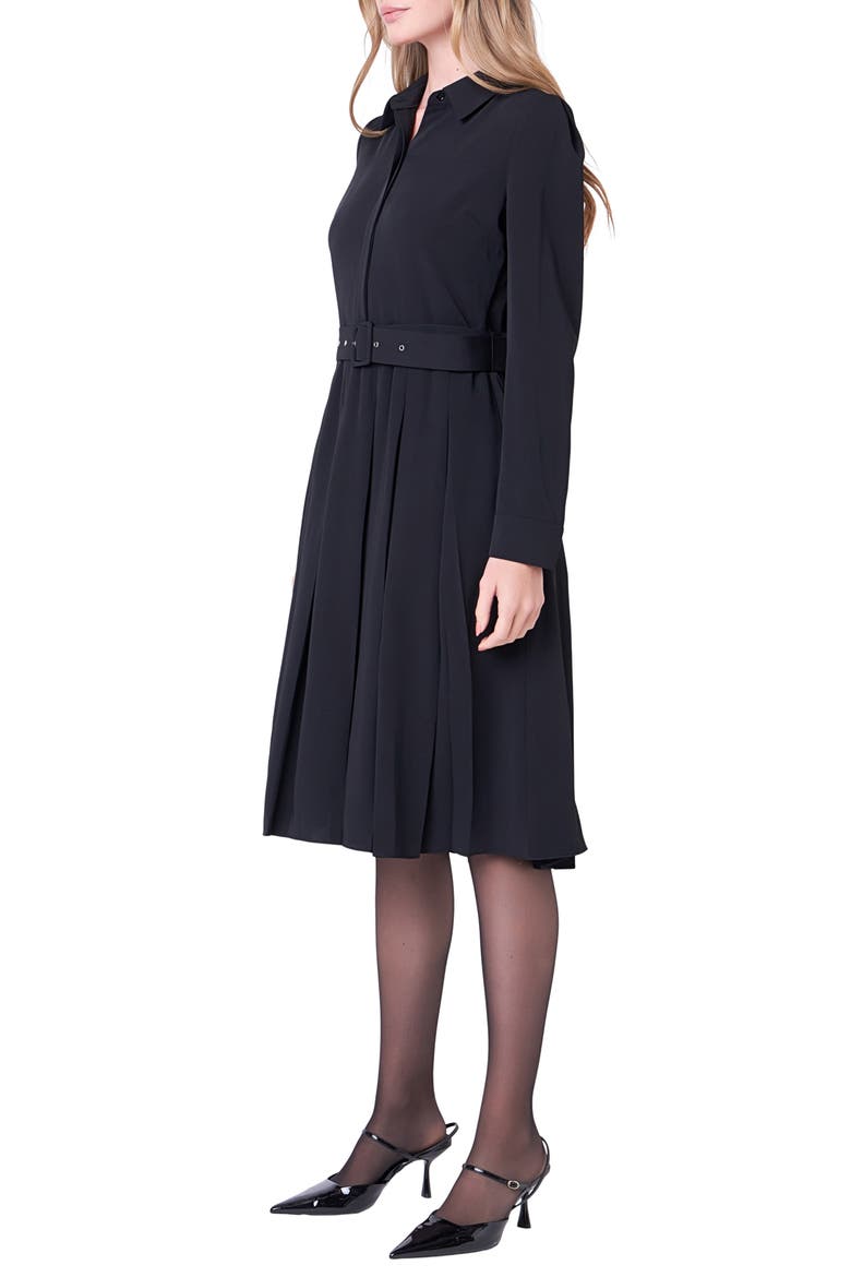 Pleated Long Sleeve Shirtdress, Alternate, color, BLACK