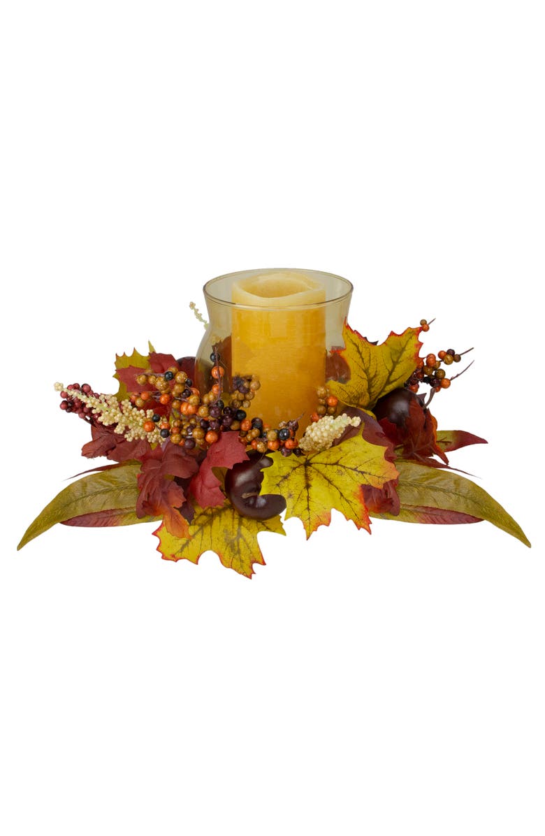 Northlight Apples and Dahlias Fall Harvest Floral Glass Hurricane Pillar Candle Holder - 15", Main, color, 
