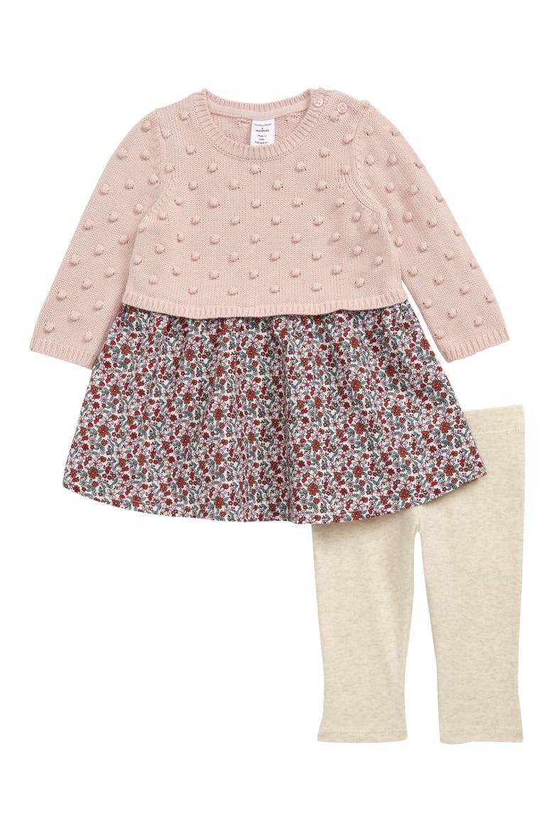 Kids' Nordstrom Mix Media Sweater Dress and Leggings Set, Main, color, PINK LOTUS FLRL OTML HTR