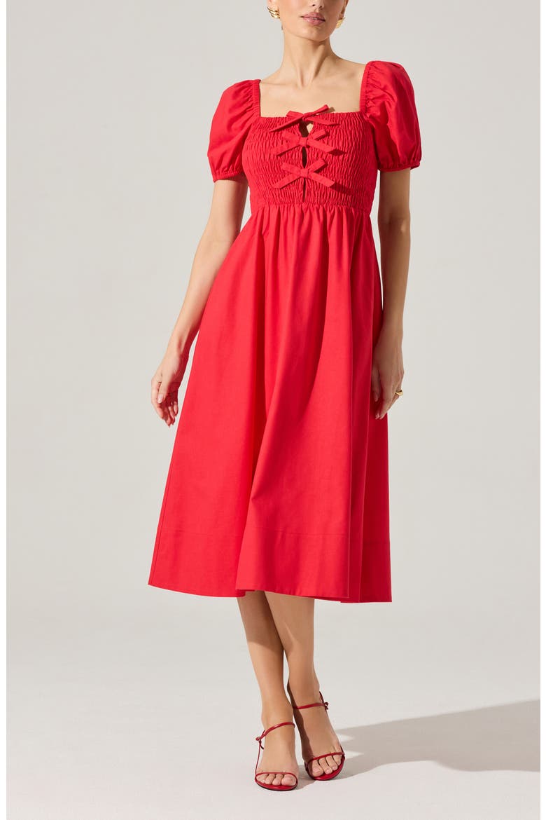 Bow Detail Smock Bodice Cotton Blend Dress, Alternate, color, RED