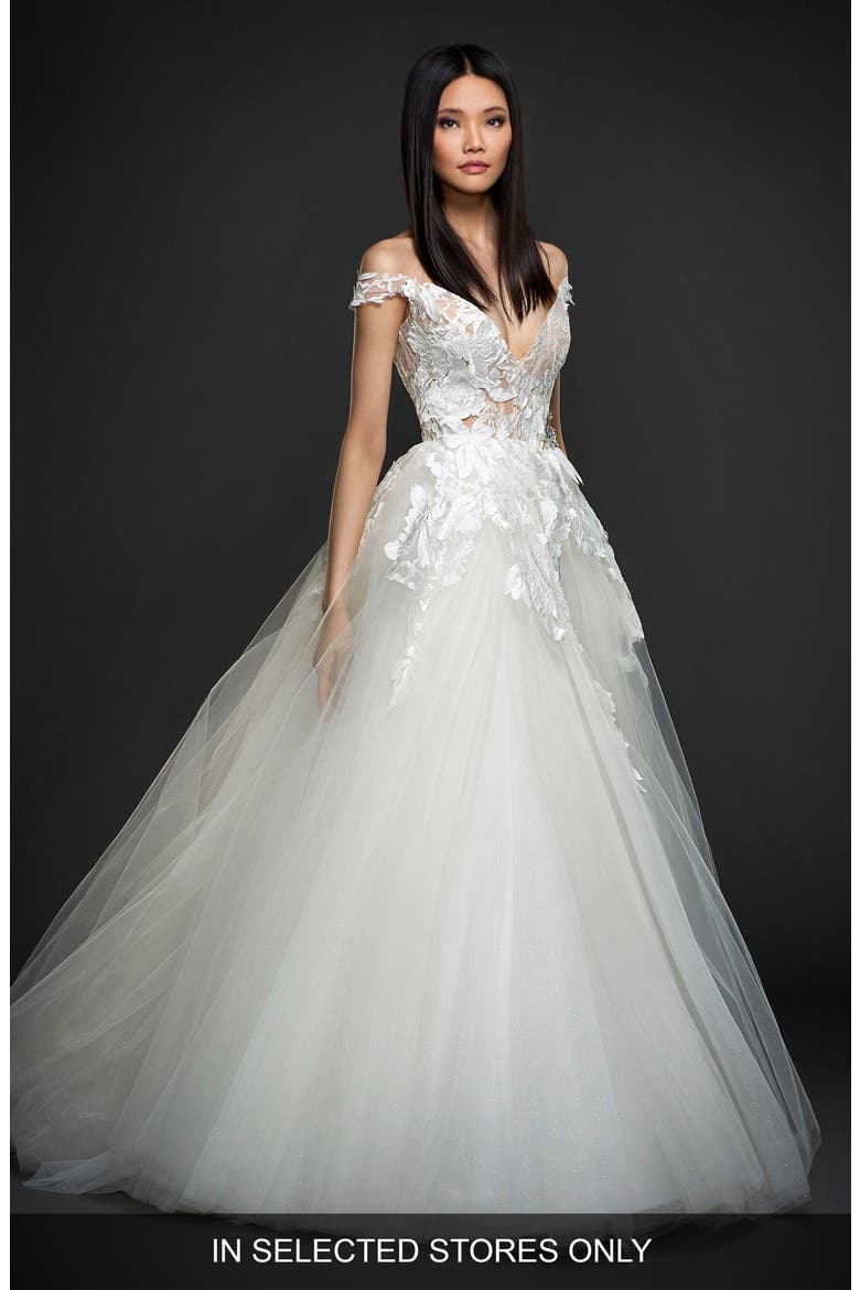 Off the Shoulder Sparkle Ballgown, Main, color, WHITE