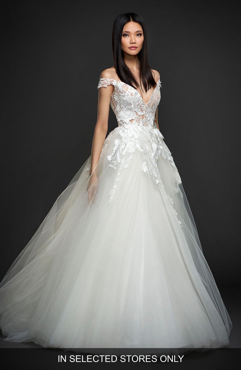 Lazaro Off the Shoulder Sparkle Ballgown, Main, color,