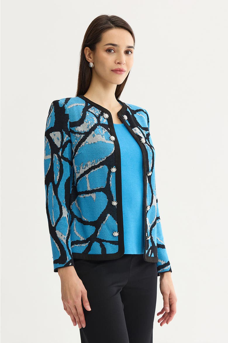 Abstract Jacquard Suede Trim Knit Jacket, Alternate, color, Tranquil Blue