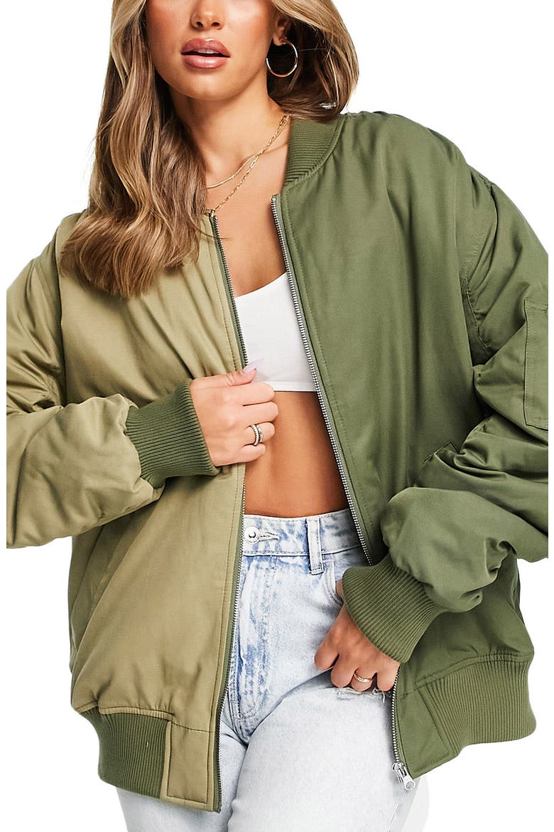 Oversize Colorblock Bomber Jacket, Main, color, KHAKI